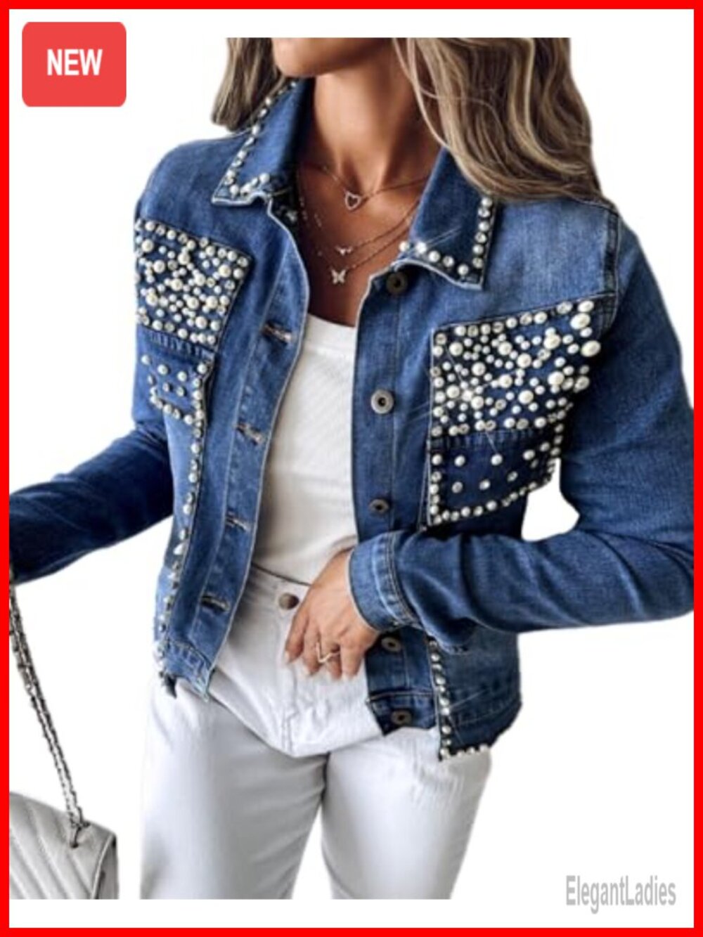 Pearl Denim Jacket Rhinestone Jean Blazer Coat Cropped